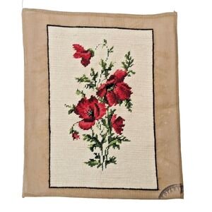Vintage Finished Red Poppy Floral Needlepoint Canvas Panel Hand Stitched 9x14"